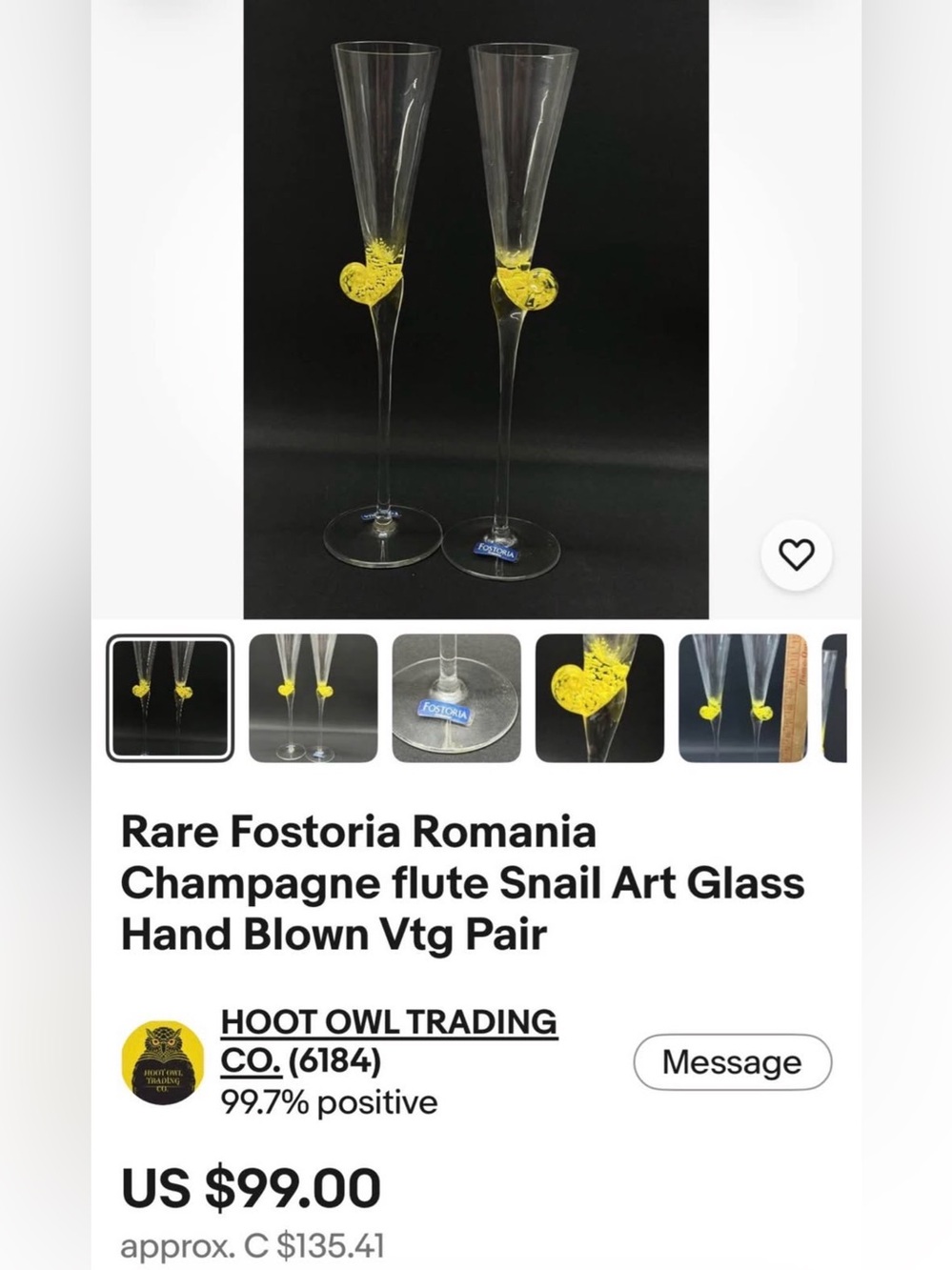 RARE..!!! vintage champagne, flute, glasses, snail art glass - Picture 10 of 13
